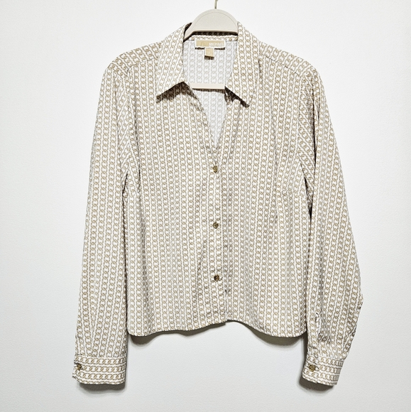 Michael Kors Womens Button Up Long Sleeve Top EUC Gold Buttons Career White L - Picture 1 of 8